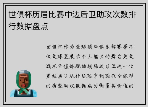 世俱杯历届比赛中边后卫助攻次数排行数据盘点